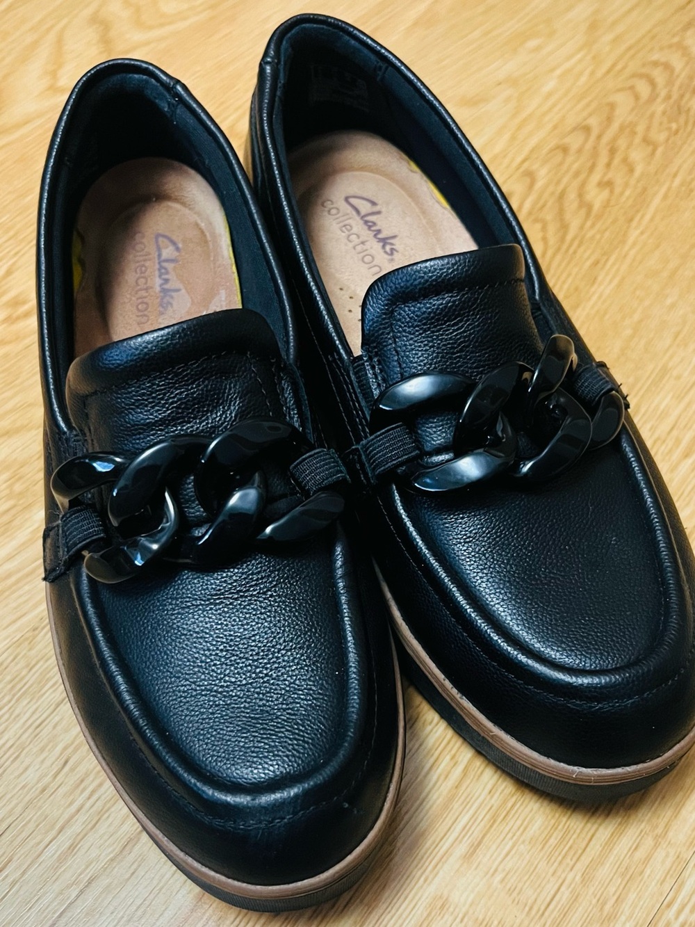 Clarks Black Leather Chain-Trim Slip Ons for Men